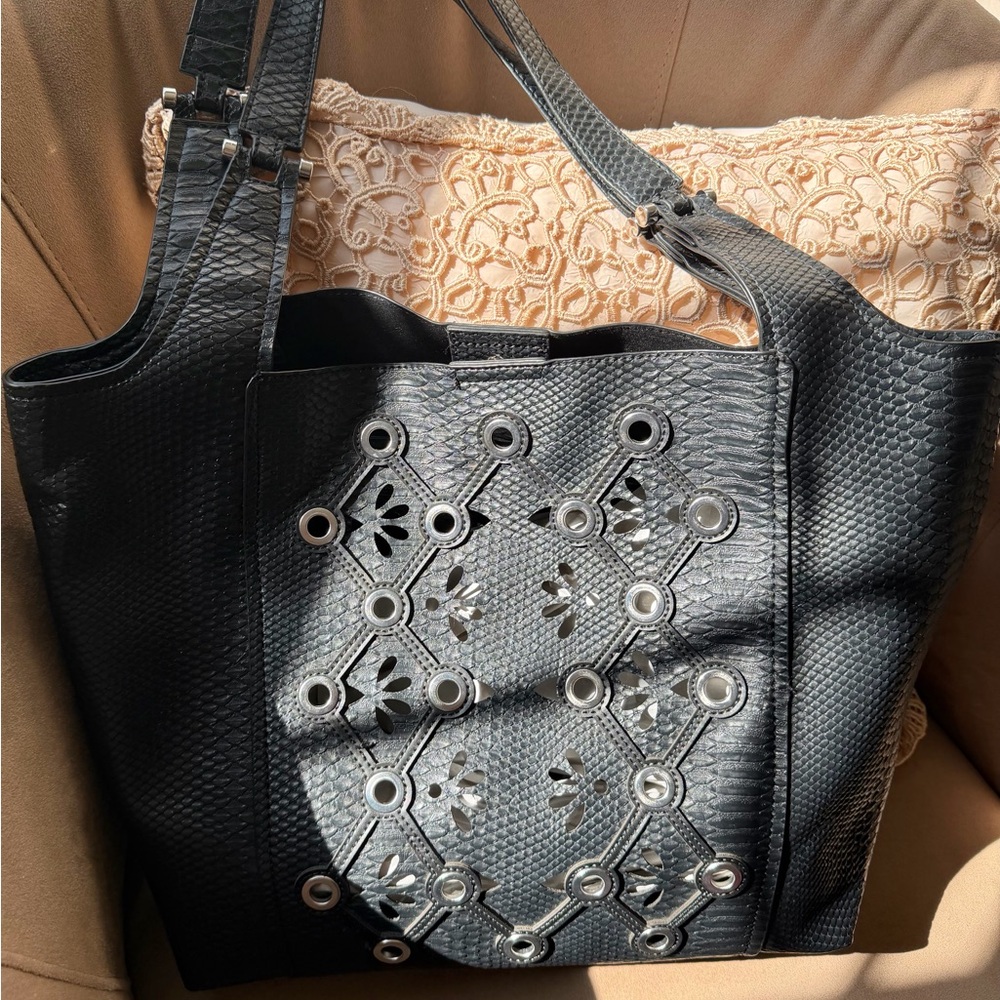 Black Laser-Cut Tote Bag with Grommet Detail